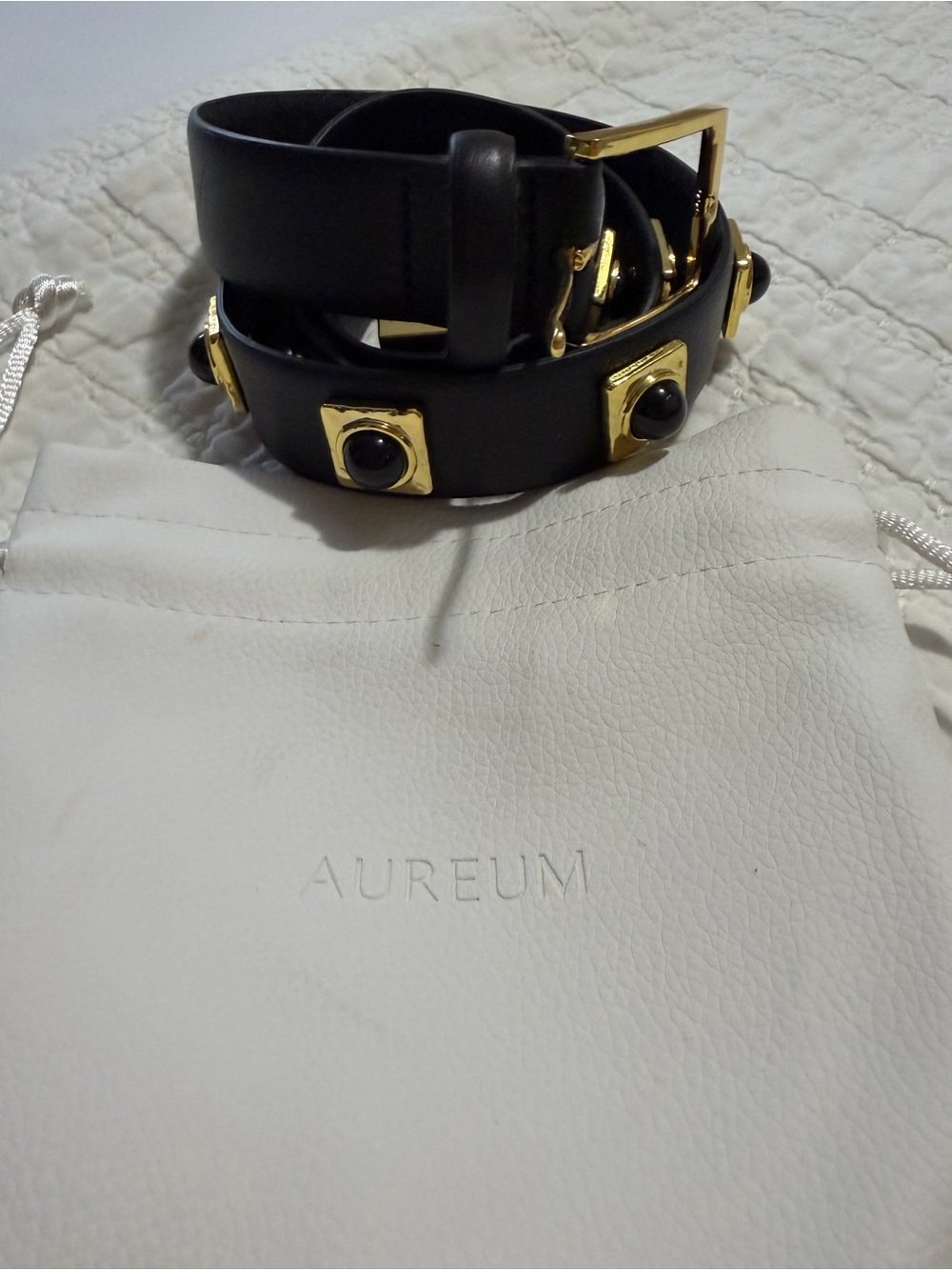 AUREUM Black Leather Wrap Belt with Gold Accents and Black Stones No. 2